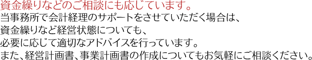 資金繰りなどのご相談にも応じています。 当事務所で会計経理のサポートをさせていただく場合は、資金繰りなど経営状態についても、必要に応じて適切なアドバイスを行っています。また、経営計画書、事業計画書の作成についてもお気軽にご相談ください。